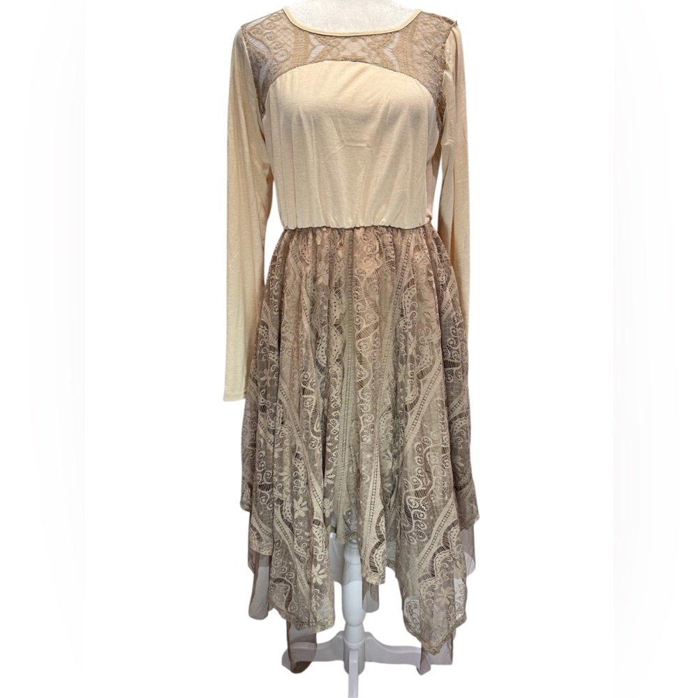 Ryu Cream & Taupe Dress Asymmetric Hem Fairy Boho Knit Bodice Lace Mesh Overlay